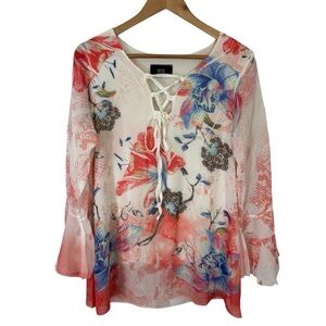 Mode de Vie Floral Top Womens M White Pink Feminine Bell Sleeve Shirt Pretty EUC